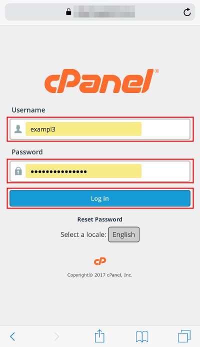 A cPanel Felhasználónév és Jelszó mezők és a Bejelentkezés gomb kiemelve