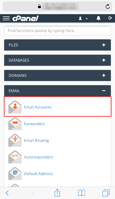 cPanel Email szakasz E-mail fiókok ikon kiemelve