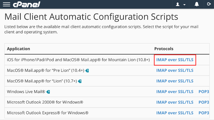Levelezőkliens automatikus konfigurációs szkriptjei iOS iPhone/iPad/iPod és MacOS Mail.app for Mountain Lion (10.8+) IMAP SSL/TLS-en keresztül kiemelve